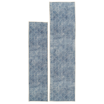 Washable Blue Geometric Runner - Plato