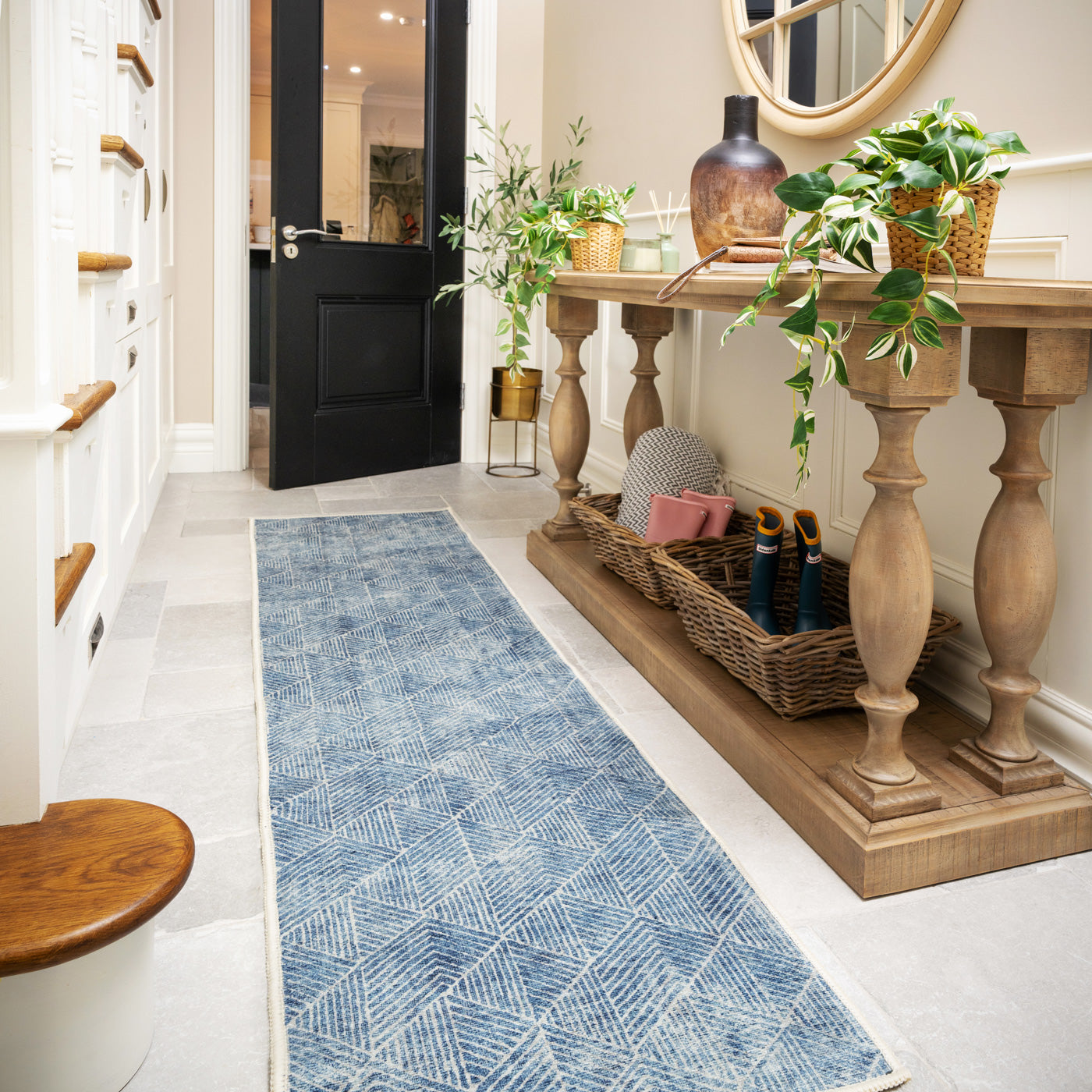 Washable Blue Geometric Runner - Plato