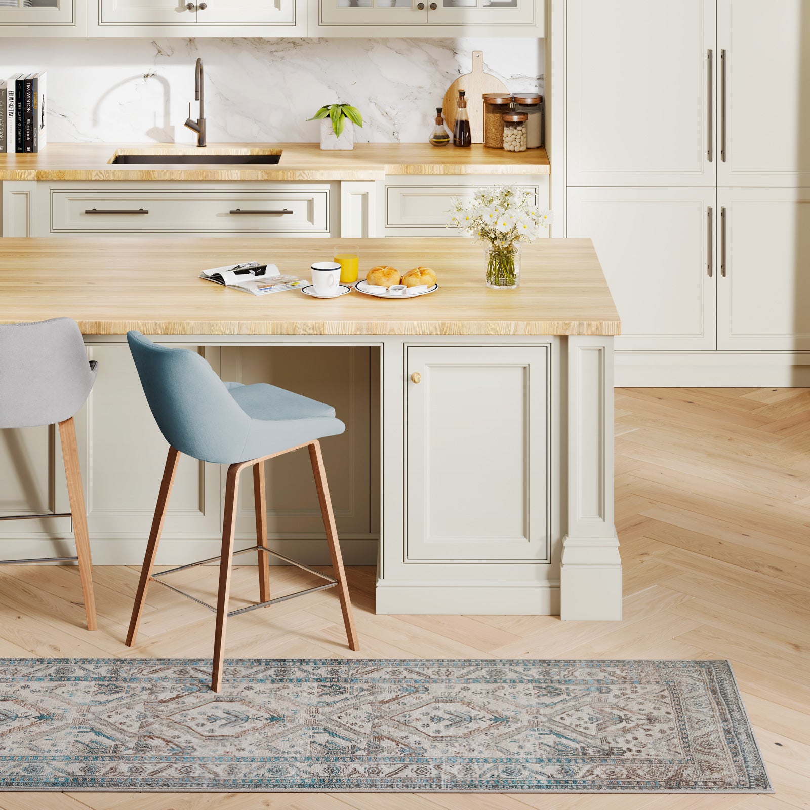 Vintage Greige Teal Washable Runner - Saxe