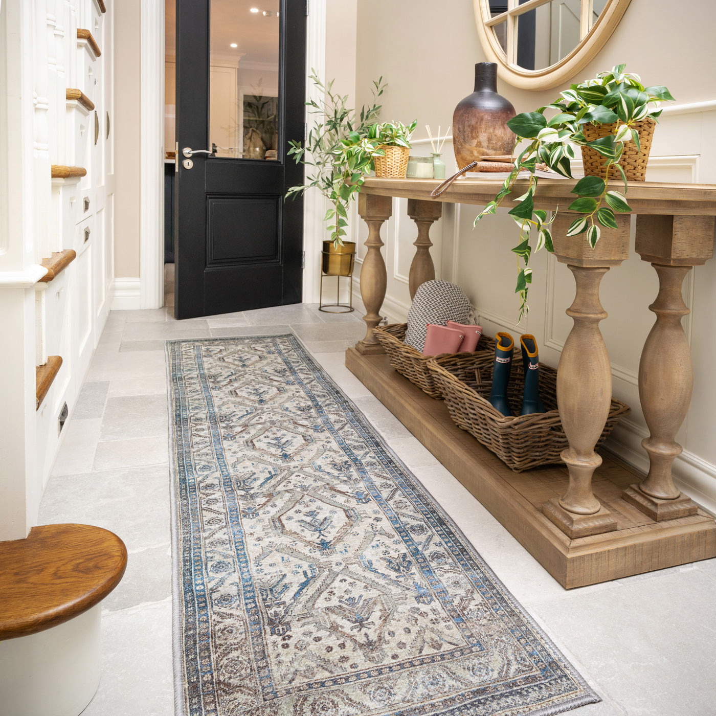 Vintage Greige Teal Washable Runner - Saxe