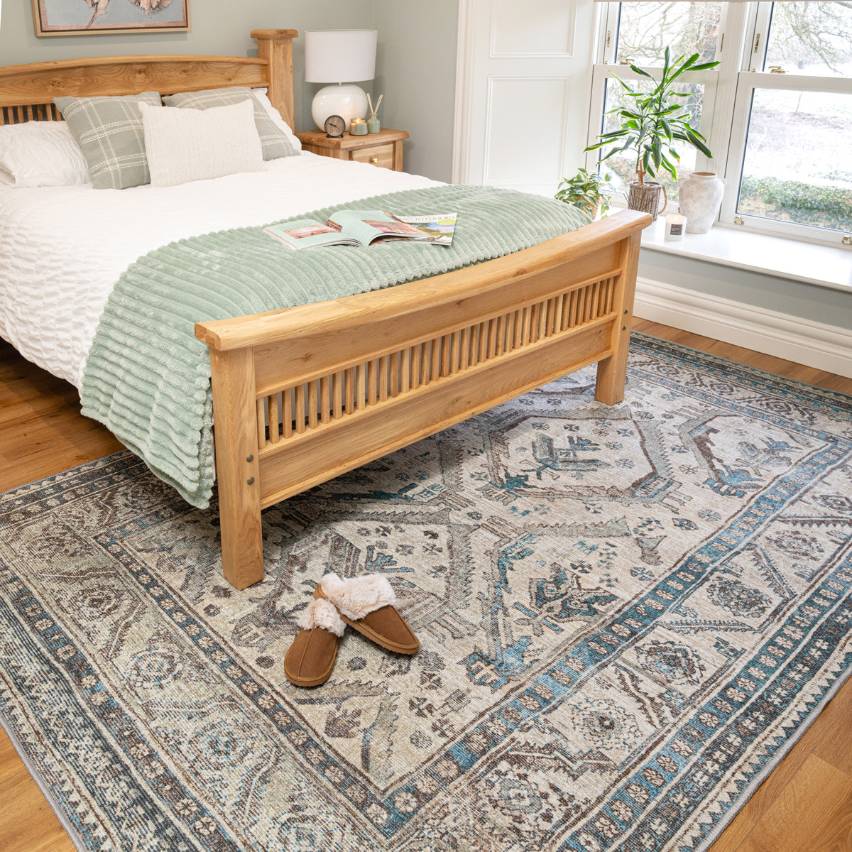 Vintage Greige Teal Washable Rug - Saxe