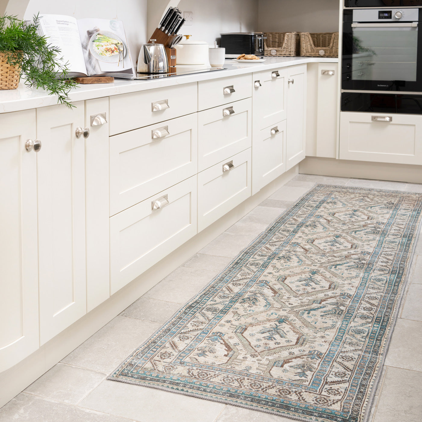 Vintage Greige Teal Washable Runner - Saxe