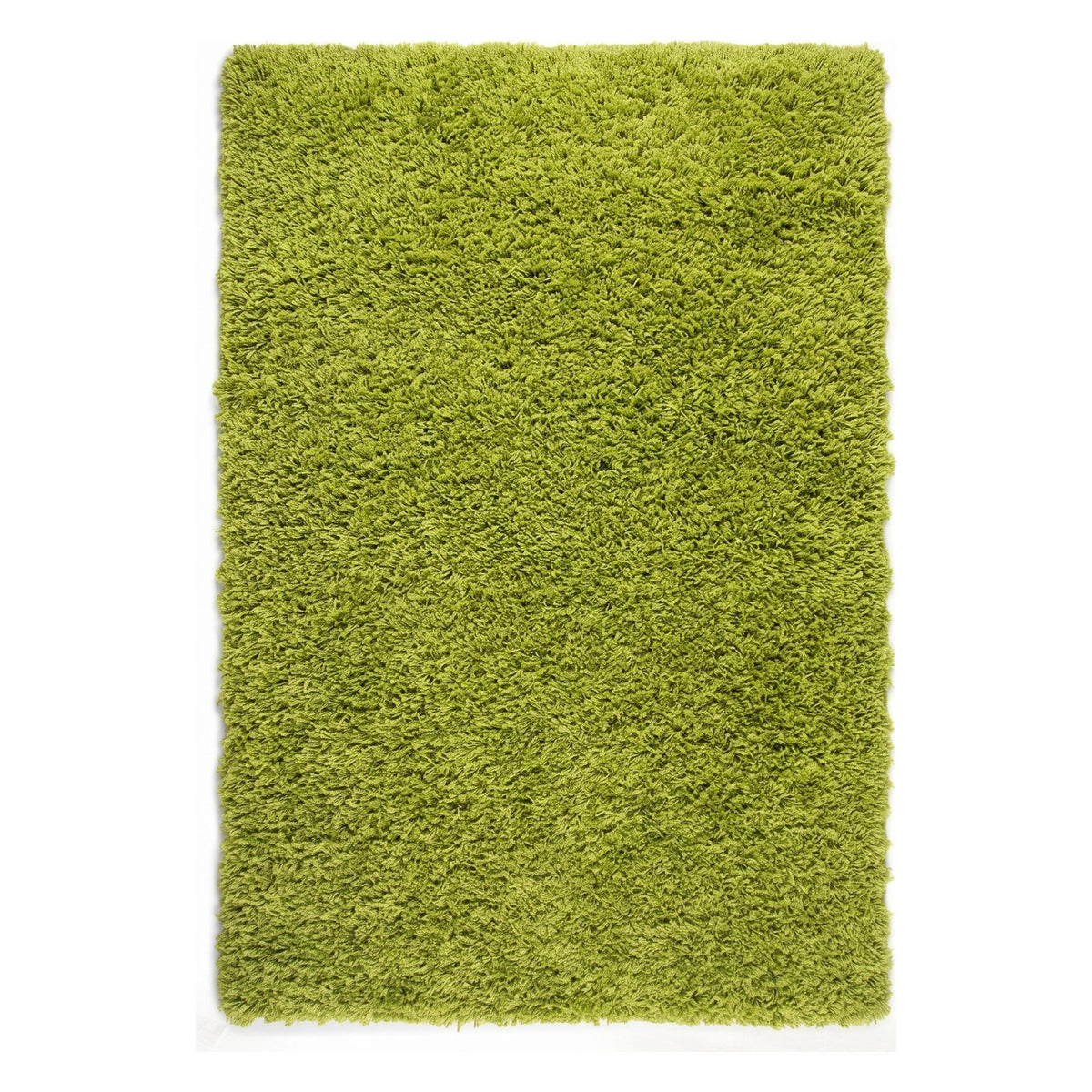 A rectangular lime green shag rug with a thick, high-pile texture, shown flat against a plain white background.