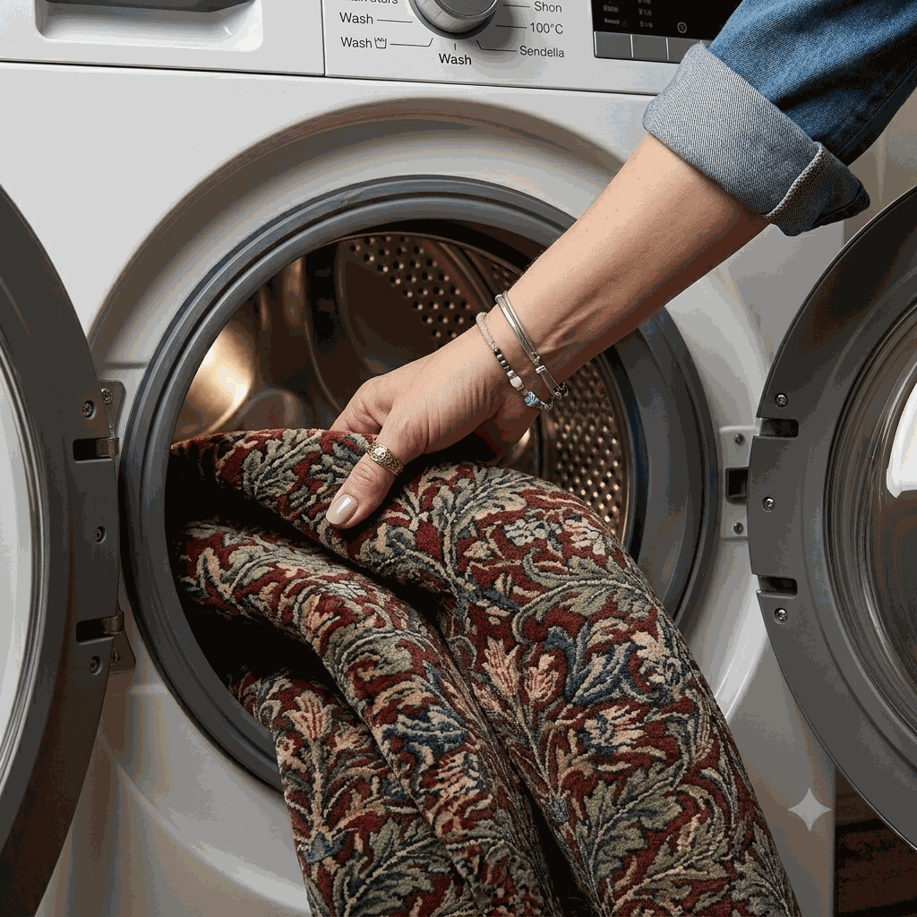 A close-up of a person's hand placing a patterned area rug or blanket into the open drum of a white front-loading washing machine.