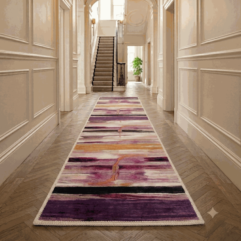 A long runner rug with an abstract purple, pink, and orange pattern is displayed on a herringbone wood floor in a classic, elegant hallway with cream paneled walls and a staircase in the background.