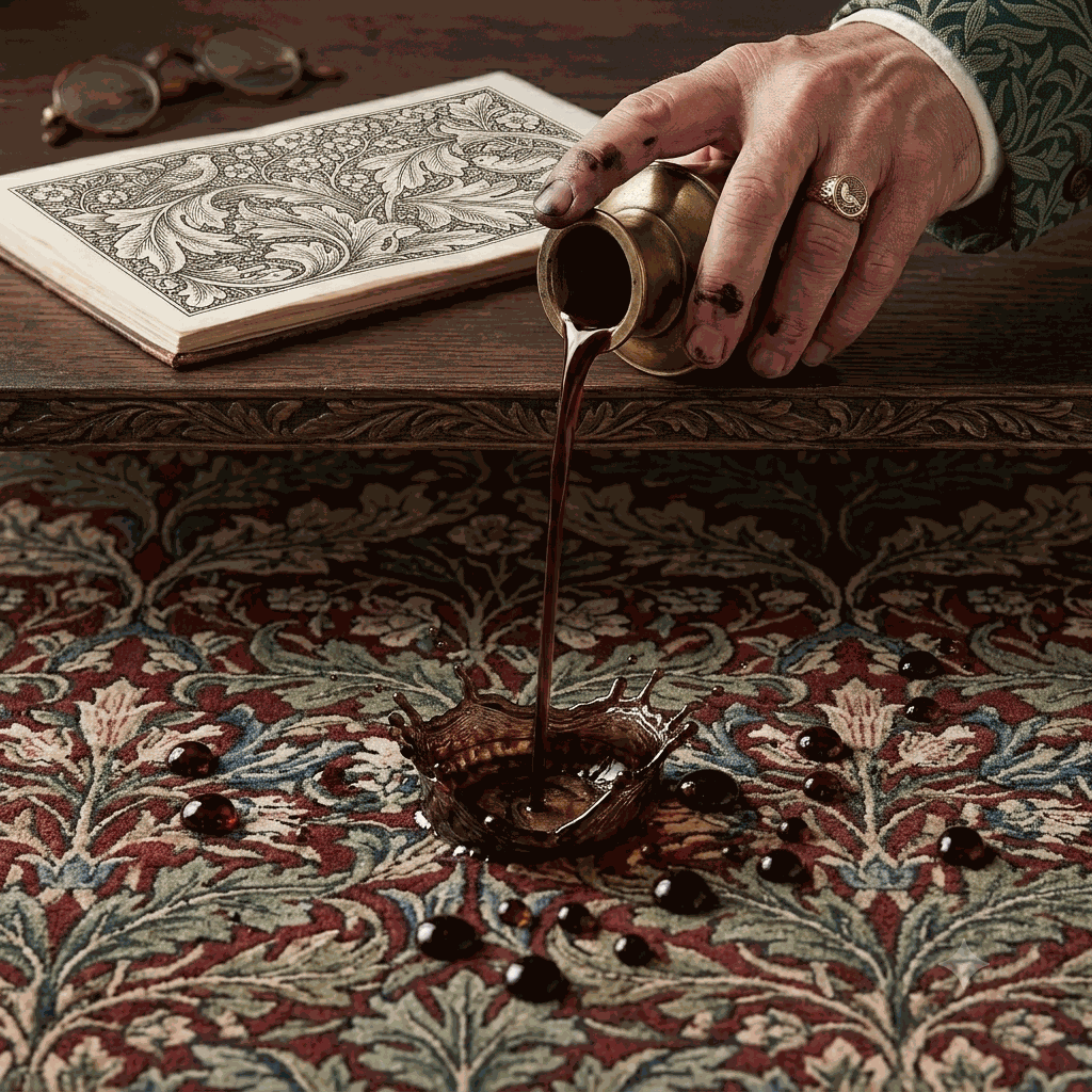 A close-up of a hand pouring a dark liquid onto a heavily patterned red and beige rug, with spilled droplets visible on the surface. An ornate book and eyeglasses rest on a wooden table in the background.