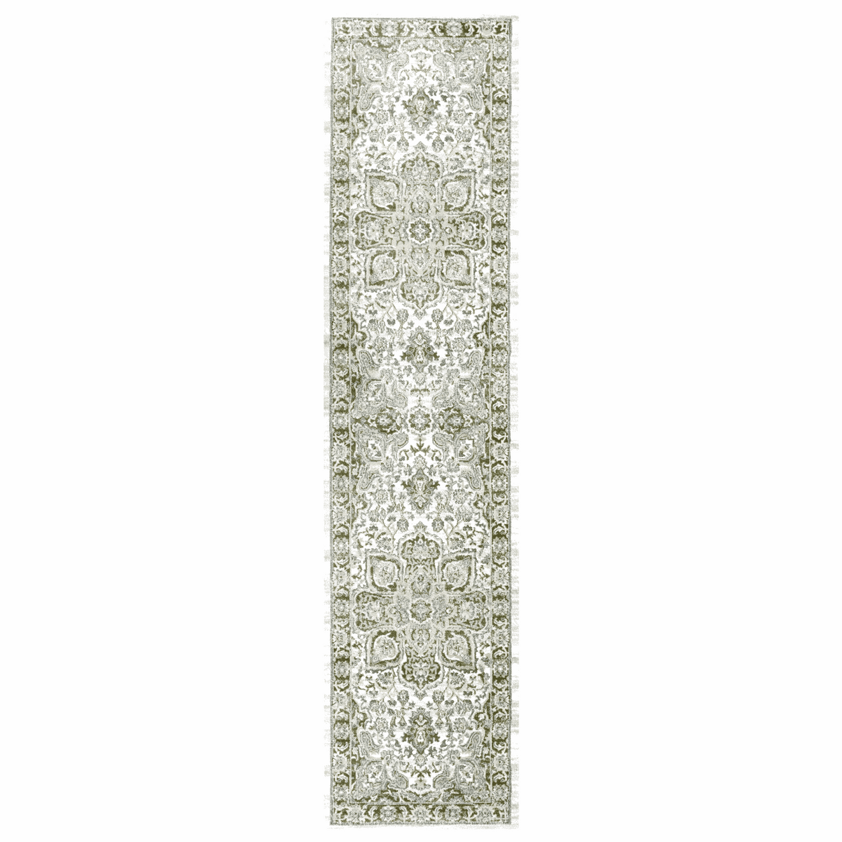 A long rectangular area rug with an ornate traditional floral pattern in muted sage green, beige, and off-white tones, shown flat against a solid white background.