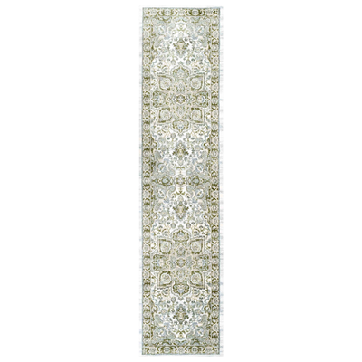Oriental Bordered Green Floral Hall Runner Rug