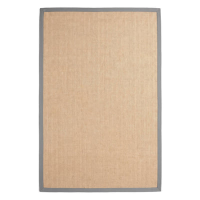 A rectangular natural jute rug with a solid gray border, shown flat against a white background.