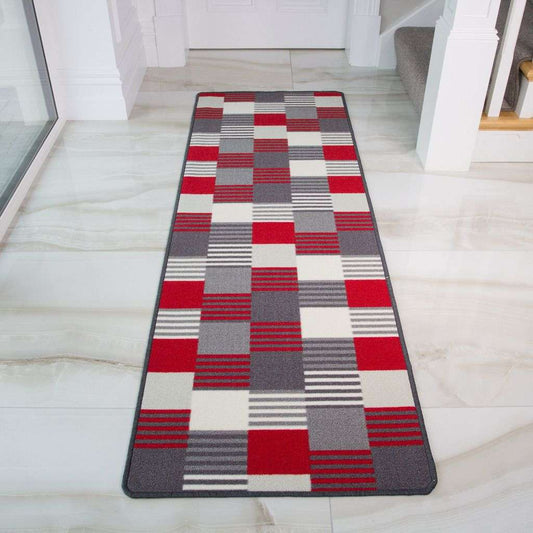 Red Grey Geometric Washable Rug