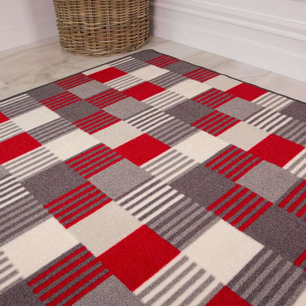 Red Grey Geometric Washable Rug