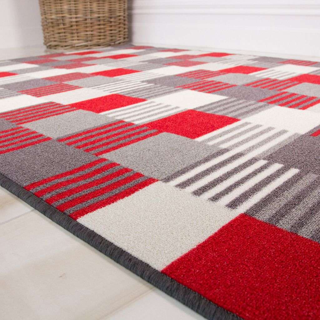 Red Grey Geometric Washable Rug