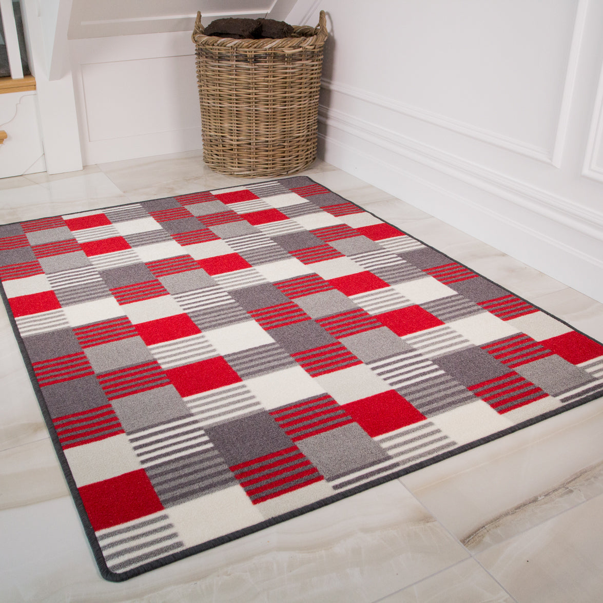 Red Grey Geometric Washable Rug | Luna | Living Room Rugs | Kukoon Rugs ...