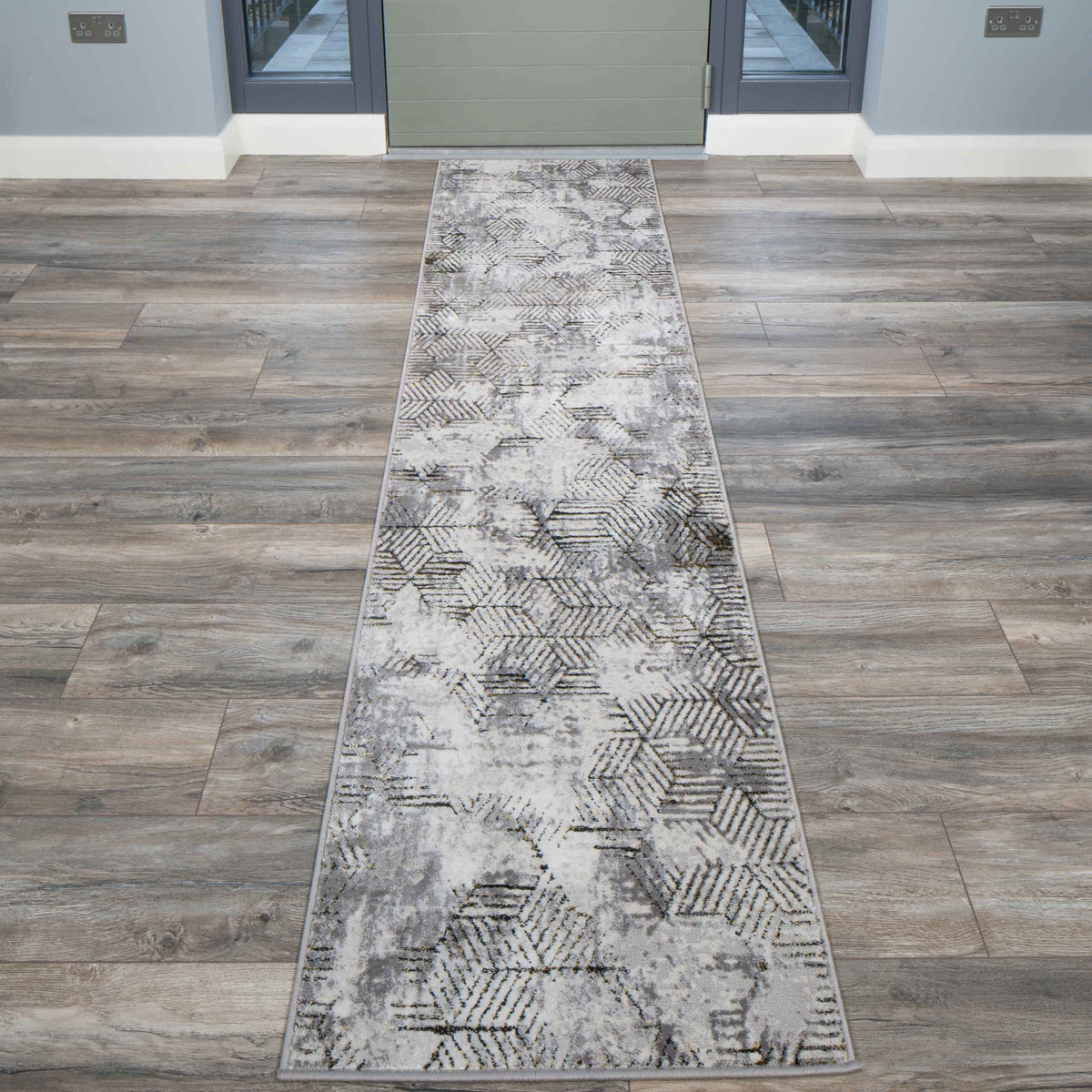 Modern Gold Abstract Geometric Runner Rug
