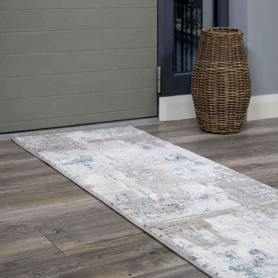 Modern Blue Abstract Distressed Hall Runner Rugs