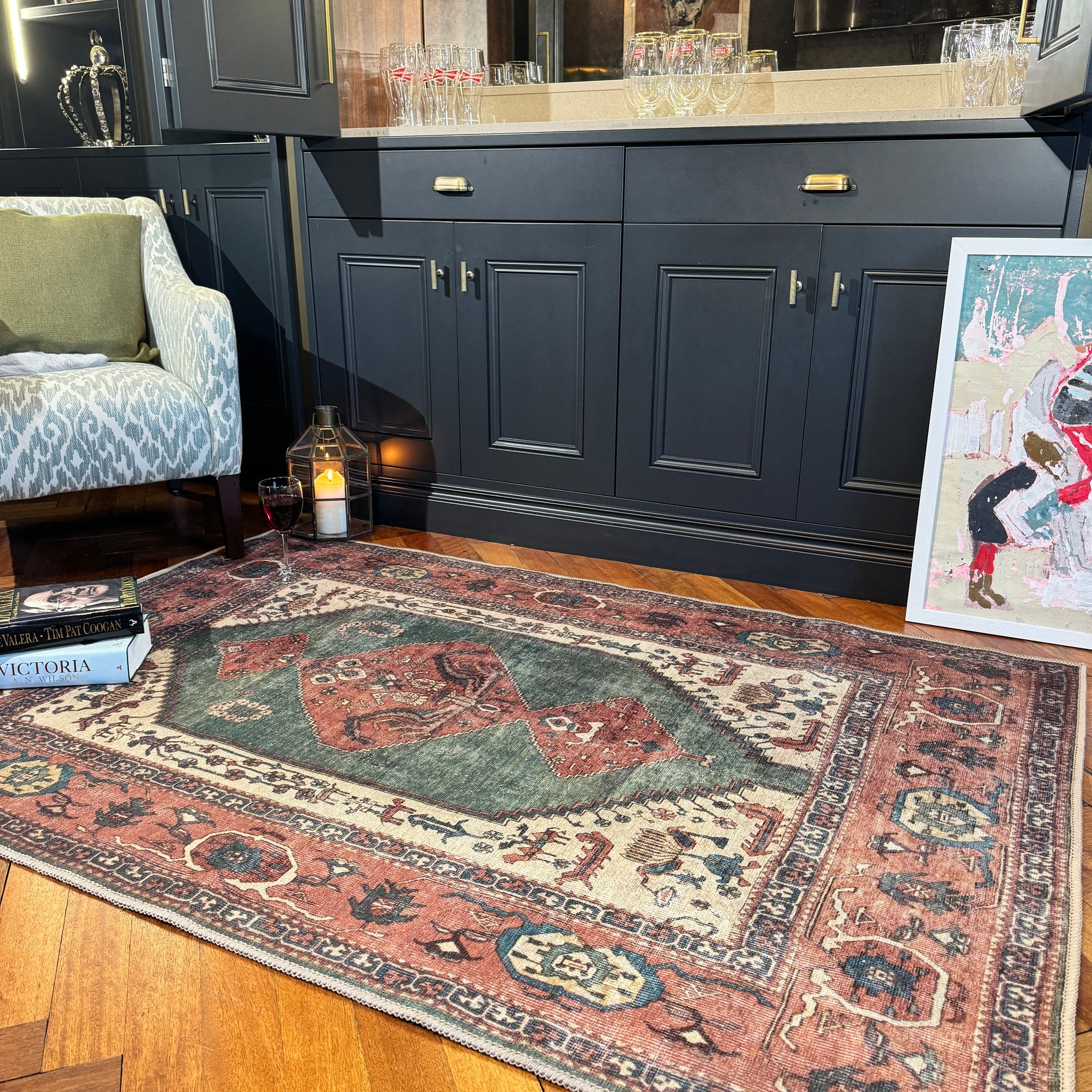 Flatwoven Washable Distressed Terracotta Green Boho Rug - Faro