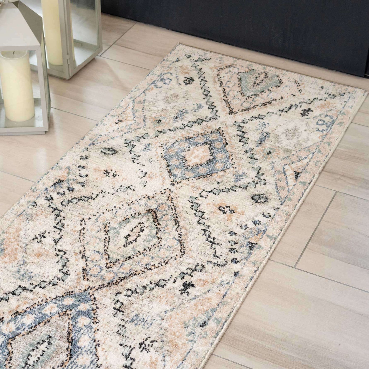 Soft Natural Blue Aztec Hallway Rug | Living Room Rugs | Kukoon Rugs Online