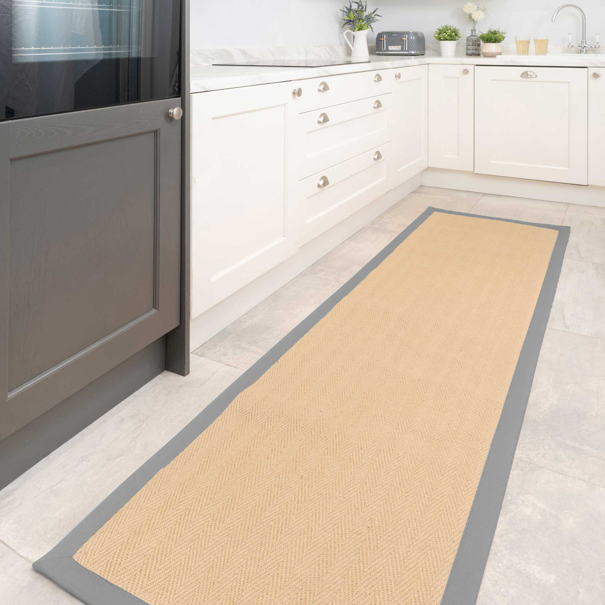 Grey Cotton Border Natural Hallway Jute Runner