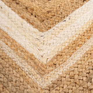 Close-up of a woven mat with natural beige and white colors.