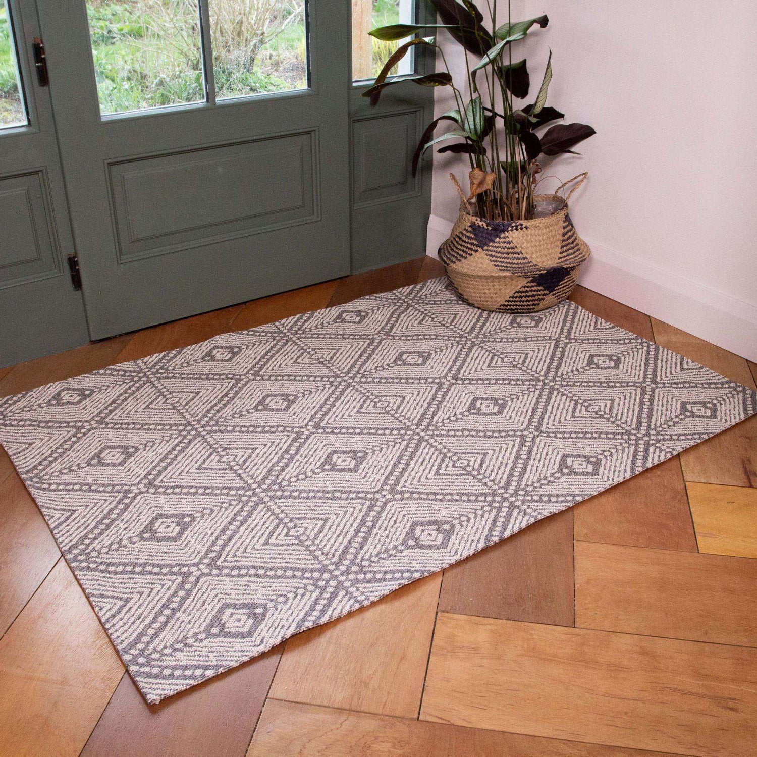 Grey Diamond Woven Sustainable Recycled Cotton Runner Rug