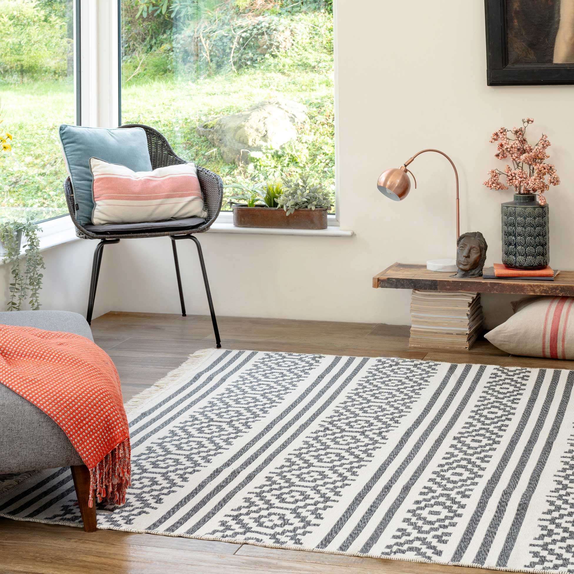 Reversible Cotton Cream Grey Motif Rug