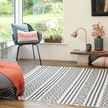Reversible Cotton Cream Grey Motif Rug