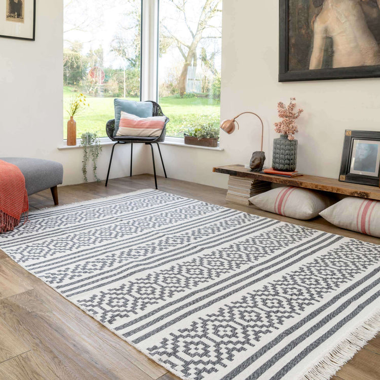 Reversible Cotton Cream Grey Motif Rug