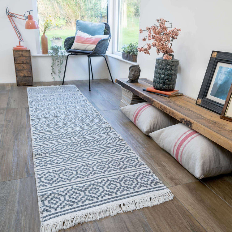 Reversible Cotton Cream Grey Motif Rug