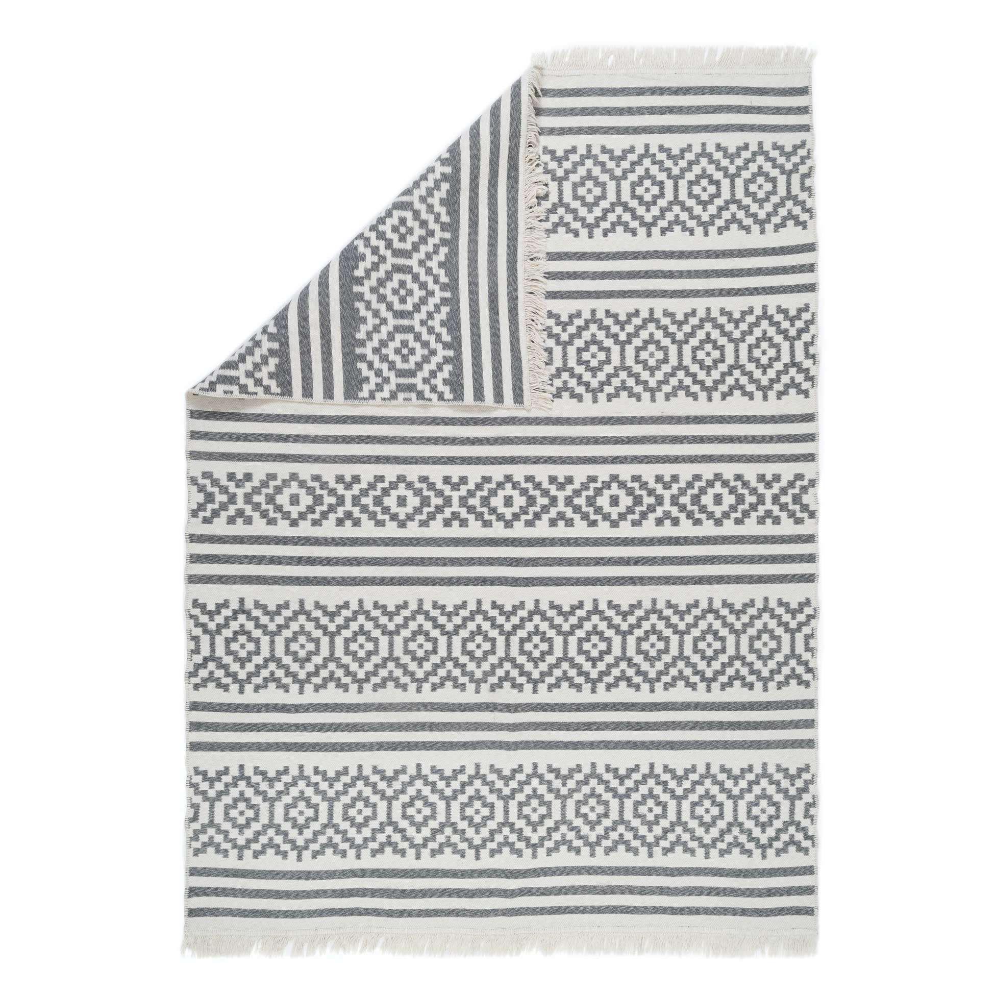 Reversible Cotton Cream Grey Motif Rug