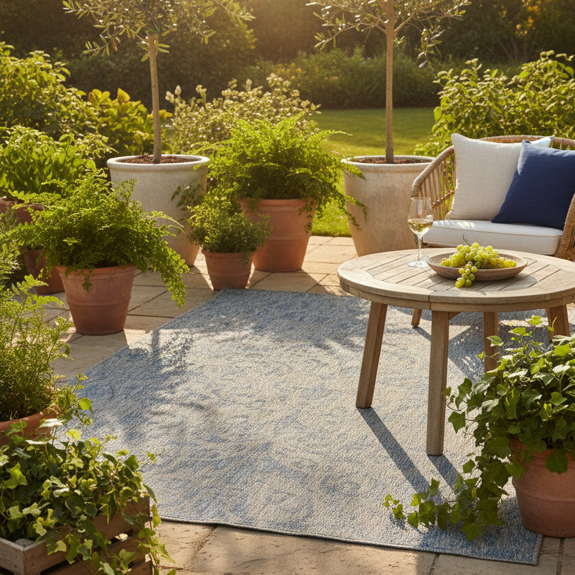 Aqua Blue Floral Outdoor Rug - Lanark