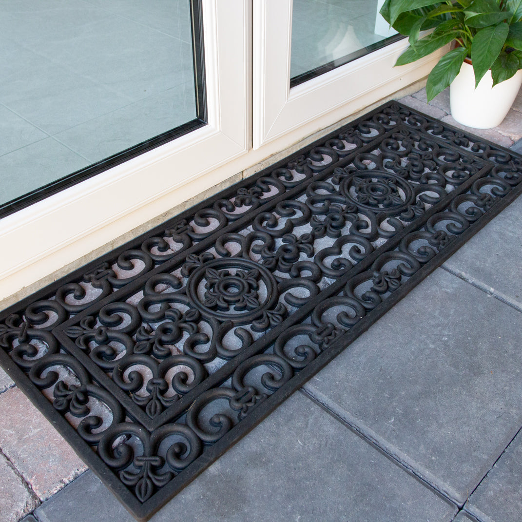 Long Ornate Iron Black Rubber Entrance Doormat