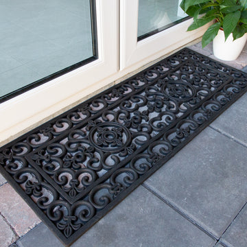 Long Ornate Iron Black Rubber Entrance Doormat