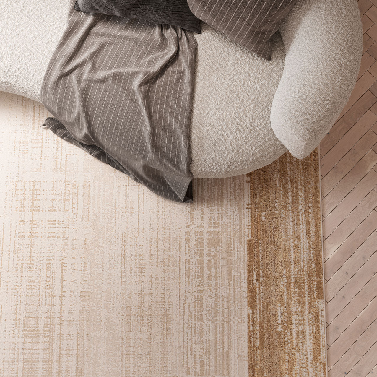 Beige Neutral Border Living Room Rug