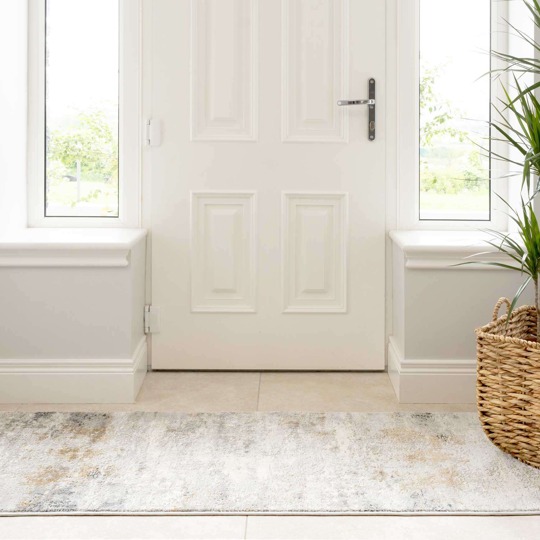 Modern Soft Grey Gold Distressed Abstract Hall Runner Rug