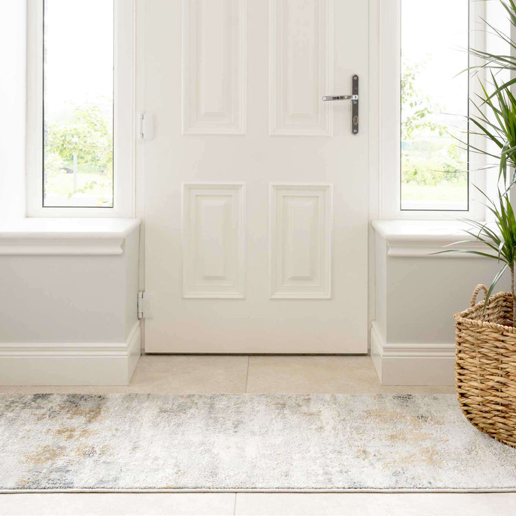 Modern Soft Grey Gold Distressed Abstract Hall Runner Rug