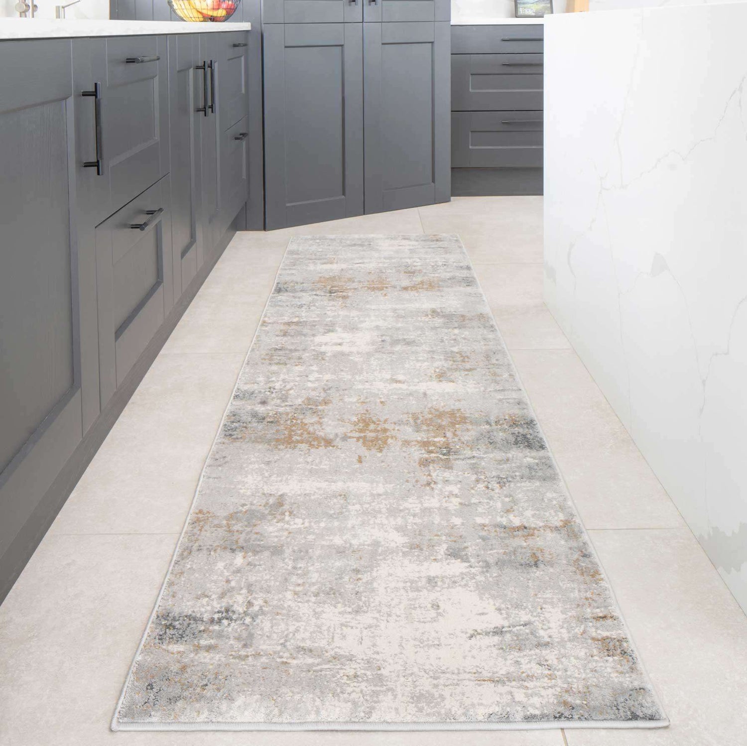 Modern Soft Grey Gold Distressed Abstract Hall Runner Rug
