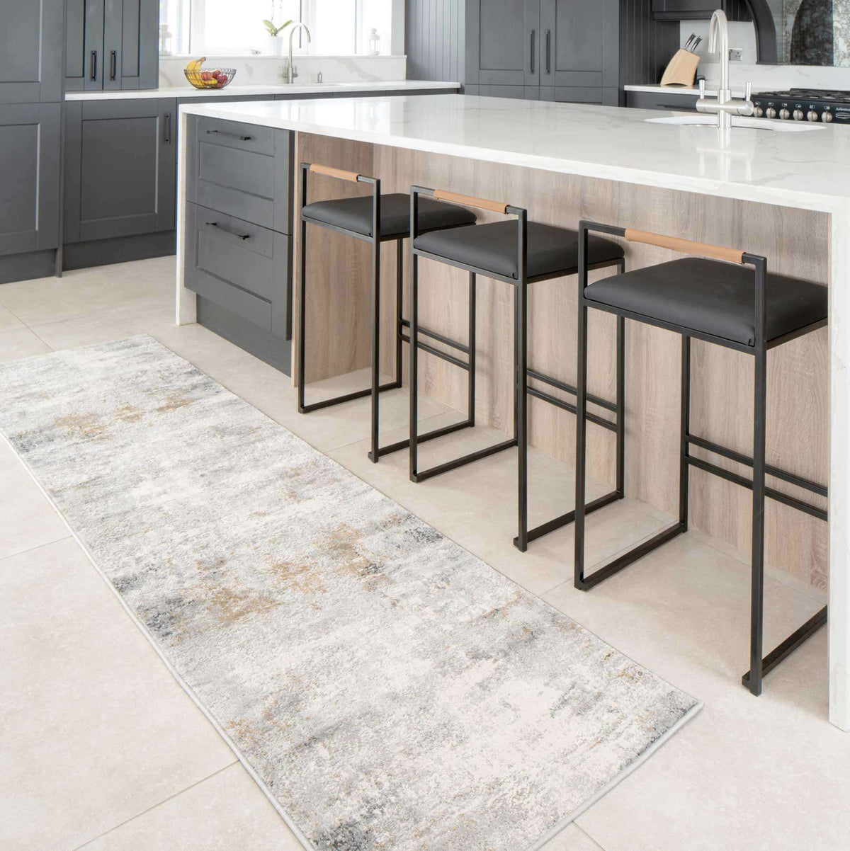 Modern Soft Grey Gold Distressed Abstract Hall Runner Rug