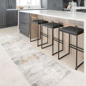 Modern Soft Grey Gold Distressed Abstract Hall Runner Rug