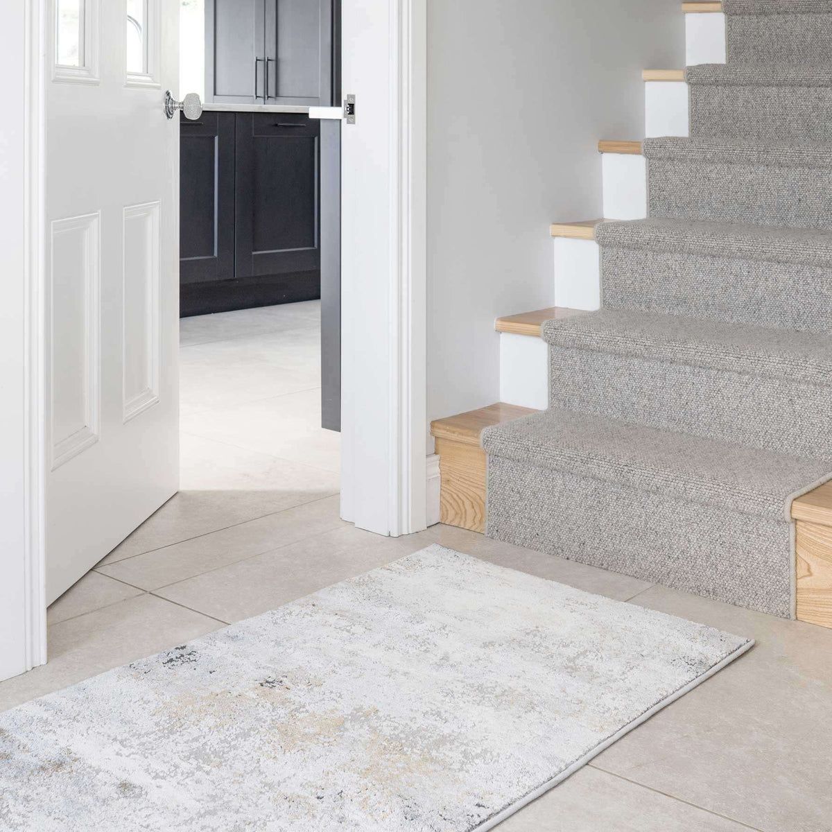 Modern Soft Grey Gold Distressed Abstract Hall Runner Rug
