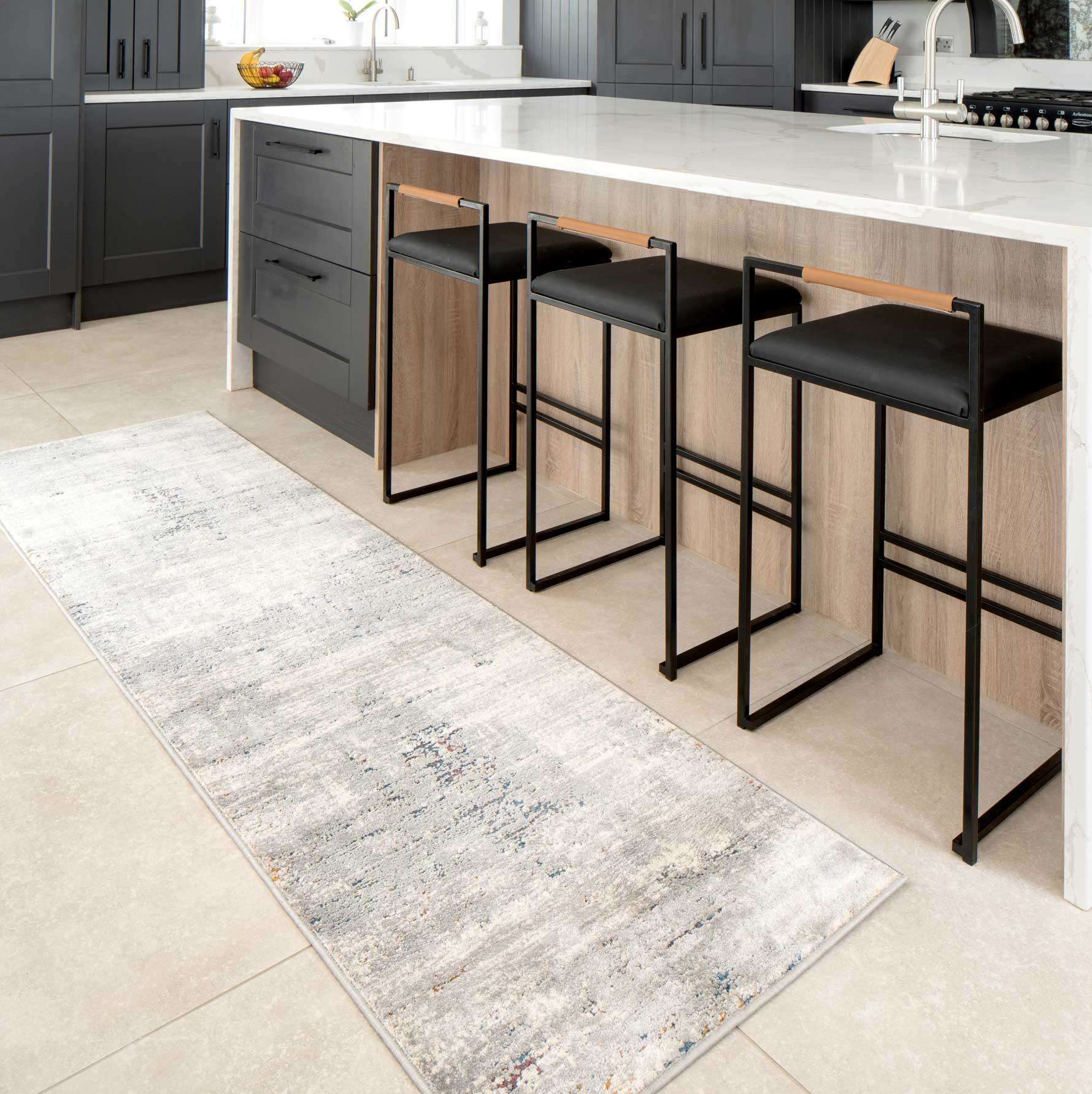 Grey Distressed Multicoloured Abstract Kitchen Runner Rug | Runner Rugs ...