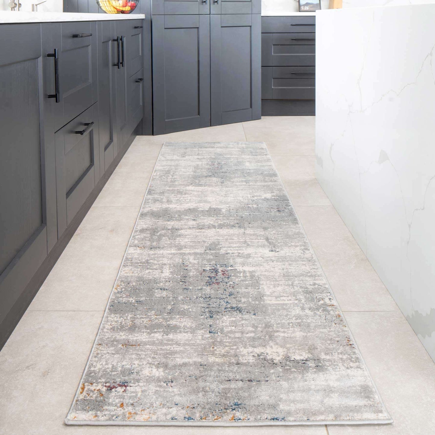 Grey Distressed Multicoloured Abstract Kitchen Runner Rug