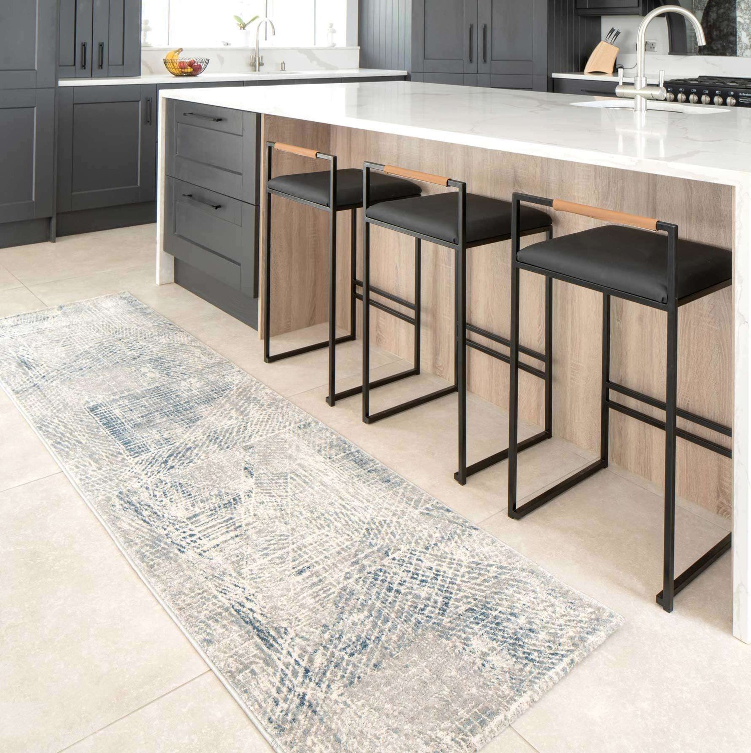 Modern Blue Distressed Abstract Kitchen Runner Rug | Runner Rugs ...