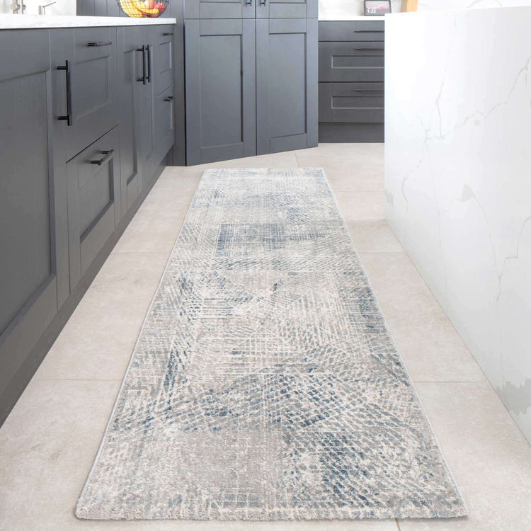 Modern Blue Distressed Abstract Kitchen Runner Rug