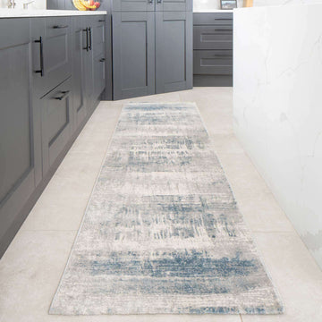 Soft Blue Distressed Abstract Kitchen Runner Rug