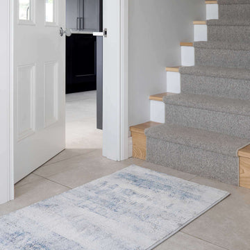 Soft Blue Distressed Abstract Kitchen Runner Rug