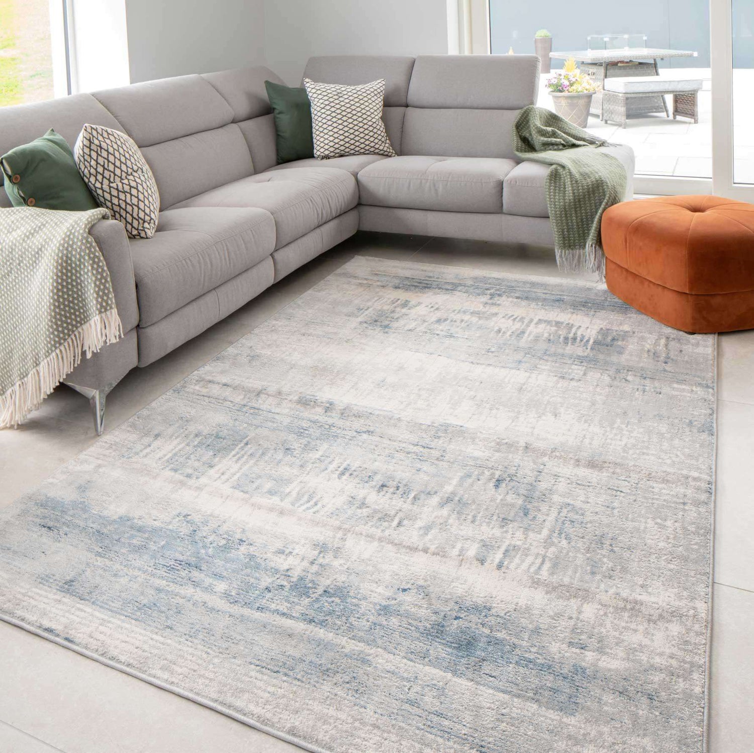 Soft Blue Distressed Abstract Kitchen Runner Rug