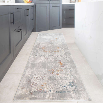 Ornate Soft Grey Distressed Medallion Hall Runner Rug