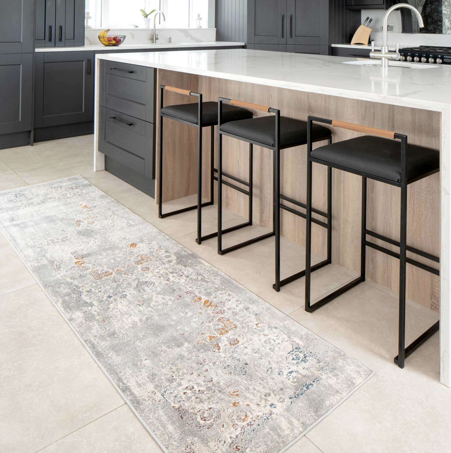 Ornate Soft Grey Distressed Medallion Hall Runner Rug