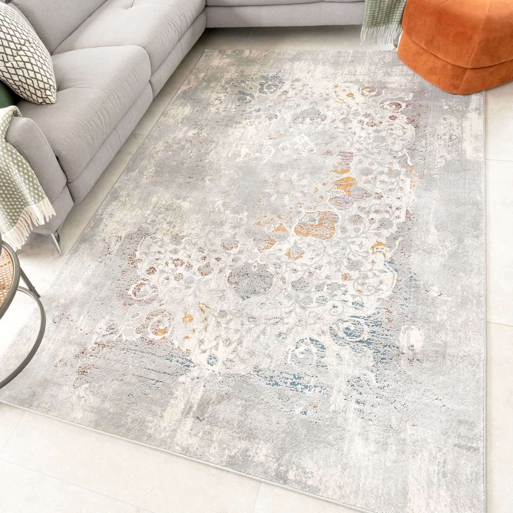 Ornate Soft Grey Distressed Medallion Hall Runner Rug