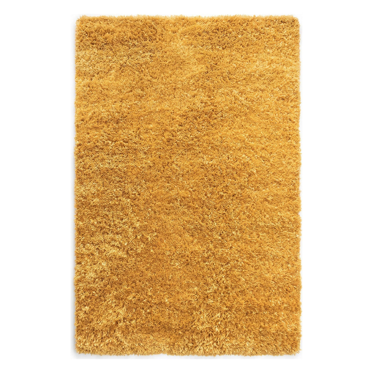 A rectangular shag area rug in a warm golden yellow color, shown from a top-down view on a plain white background.